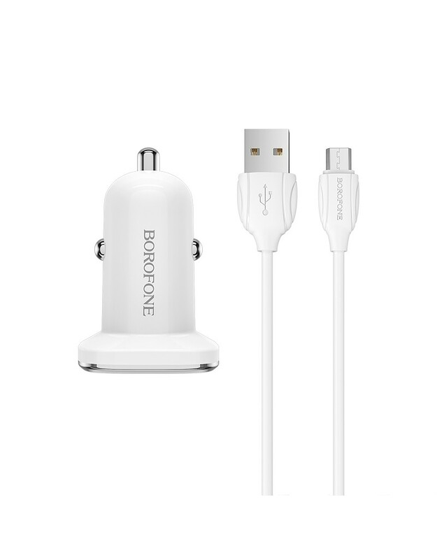 Automobilinis įkroviklis Borofone BZ12A Quick Charge 3.0 + MicroUSB baltas