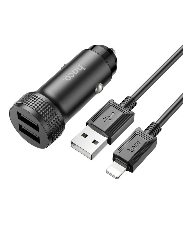 Automobilinis įkroviklis Hoco Z49 2xUSB-A + Lightning juodas