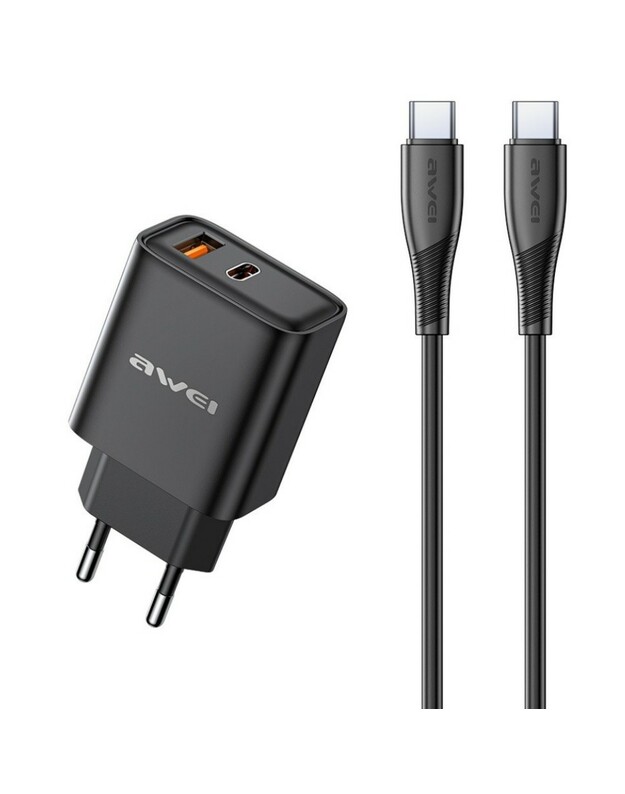 Įkroviklis Awei PD81C-EU USB-A/USB-C + USB-C to USB-C cable juodas