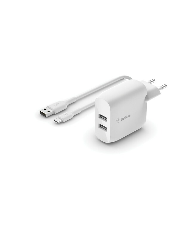 Įkroviklis Belkin Boost Charge Dual USB-A 24W + USB-A to USB-C kabelis baltas