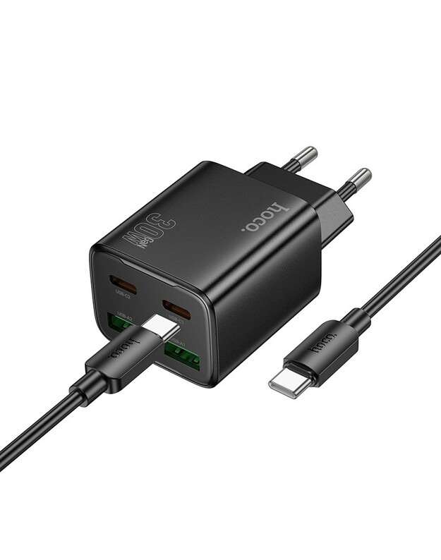 Įkroviklis Hoco N56 2xUSB-C/2xUSB-A PD30W + USB-C to USB-C cable 1.0m juodas