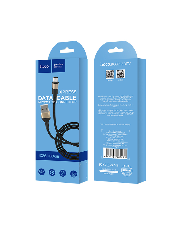 USB kabelis Hoco X26 microUSB 1.0m juodas-auksinis