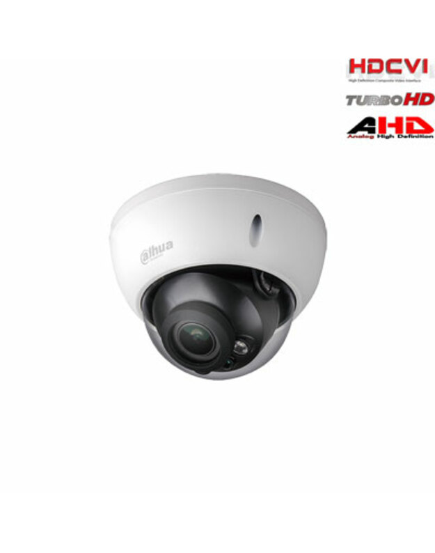 HD-CVI, TVI, AHD, CVBS kamera kupolinė 2MP su IR iki 30m. 1/2.7" 2.7-12mm objektyvas, IP67, IK10